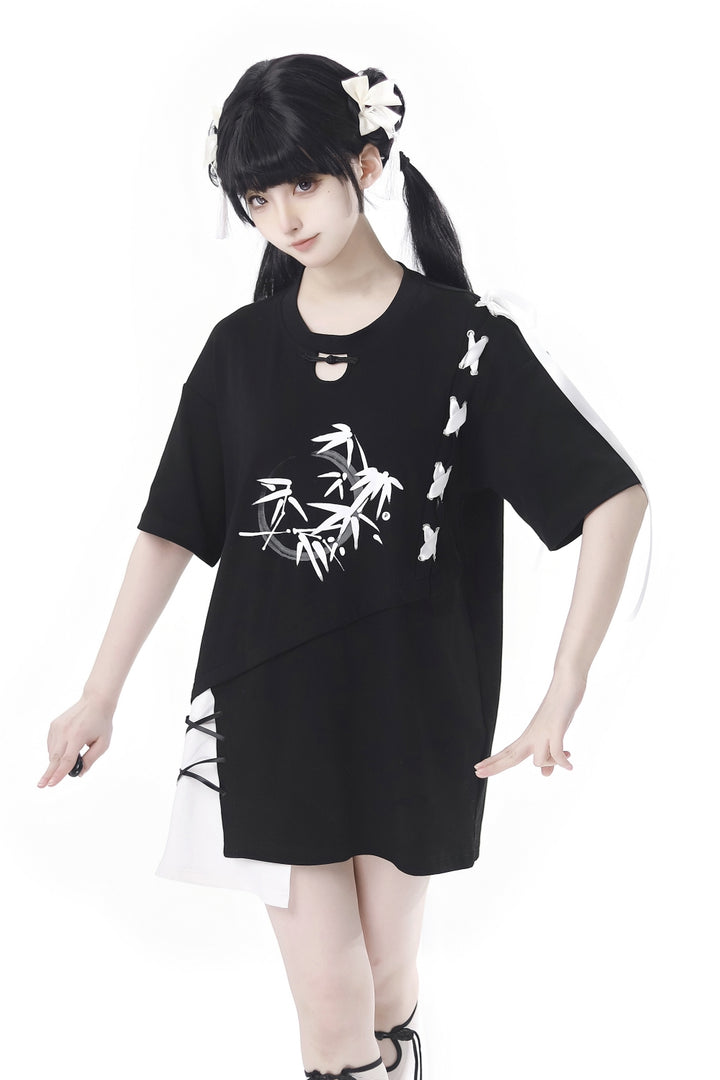 Black/ Blue Bamboo Print Chinese Style Tie-Detail Summer Casual Patchwork T-Shirt