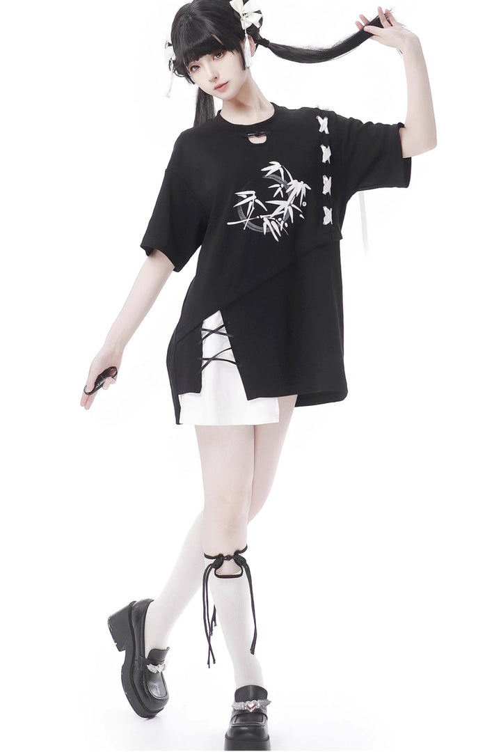 Black/ Blue Bamboo Print Chinese Style Tie-Detail Summer Casual Patchwork T-Shirt