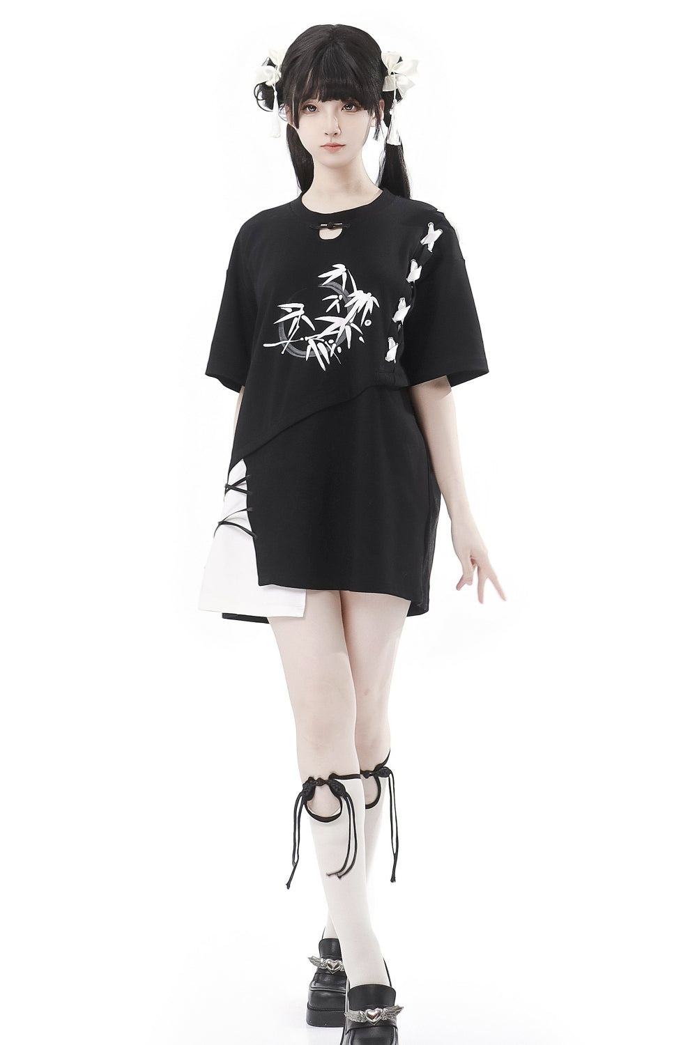 Black/ Blue Bamboo Print Chinese Style Tie-Detail Summer Casual Patchwork T-Shirt