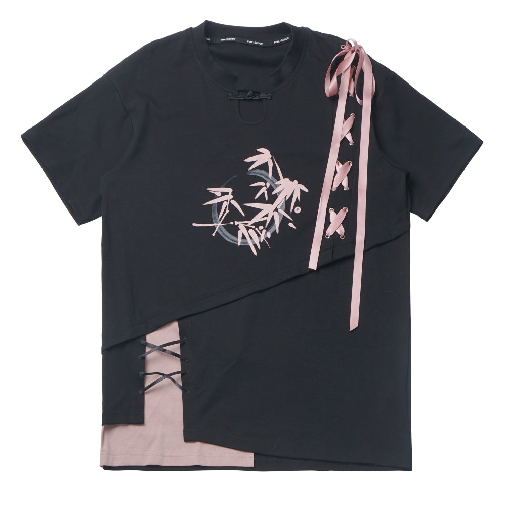 Black/ Blue Bamboo Print Chinese Style Tie-Detail Summer Casual Patchwork T-Shirt