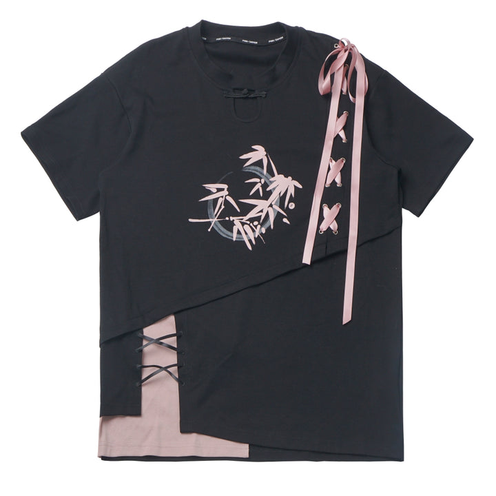 Black/ Blue Bamboo Print Chinese Style Tie-Detail Summer Casual Patchwork T-Shirt