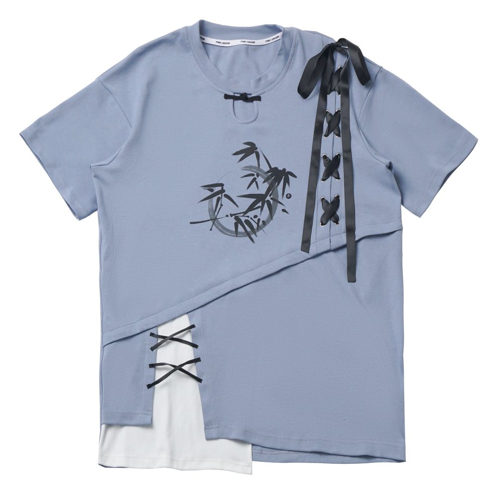 Black/ Blue Bamboo Print Chinese Style Tie-Detail Summer Casual Patchwork T-Shirt