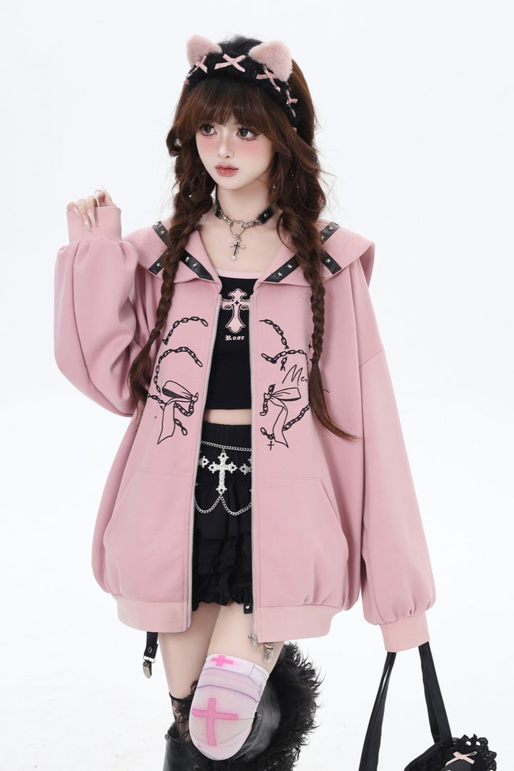 Pink/Gray Japanese Subculture Navy Collar Oversized Hooded Coat for Spring