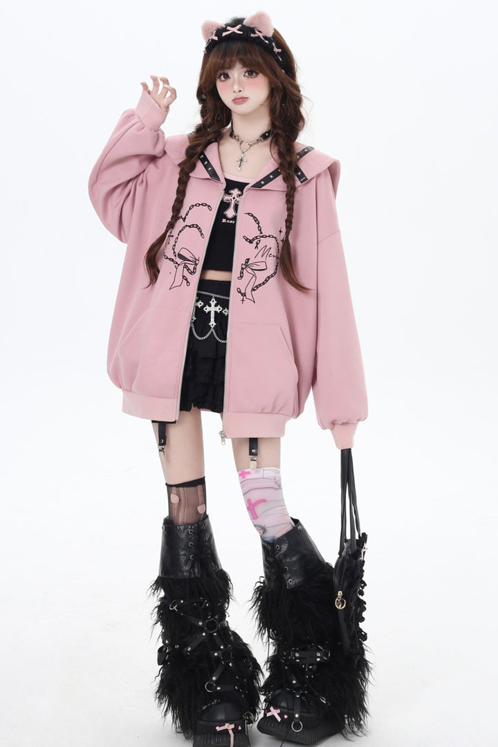 Pink/Gray Japanese Subculture Navy Collar Oversized Hooded Coat for Spring