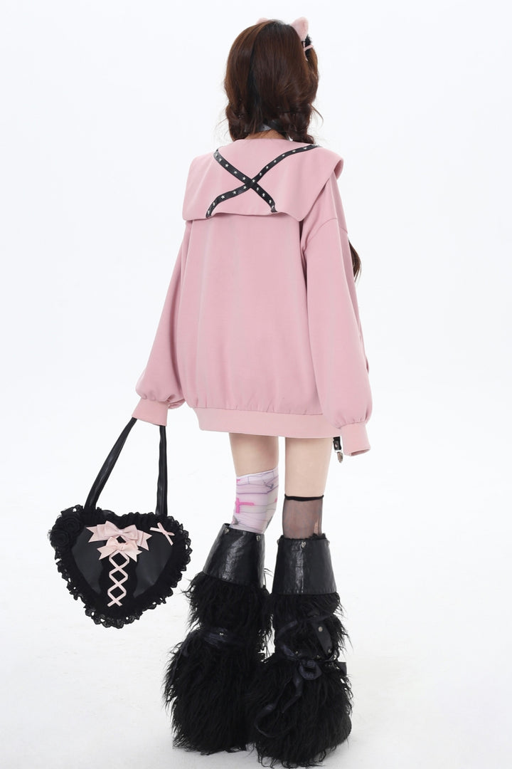 Pink/Gray Japanese Subculture Navy Collar Oversized Hooded Coat for Spring