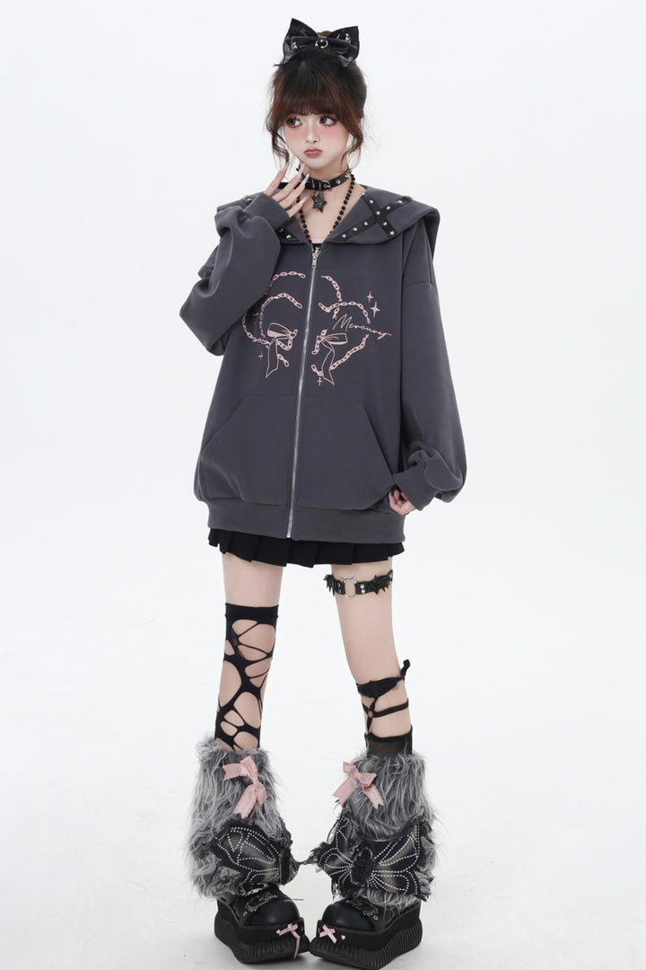 Pink/Gray Japanese Subculture Navy Collar Oversized Hooded Coat for Spring