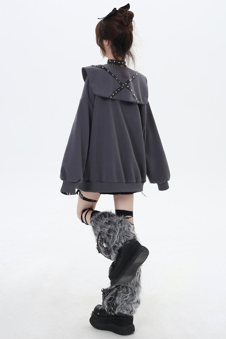 Pink/Gray Japanese Subculture Navy Collar Oversized Hooded Coat for Spring