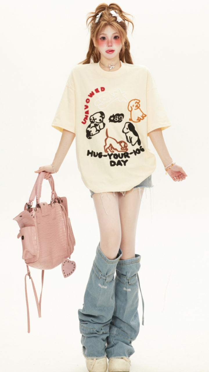 Cute Dog Round Neck Short Sleeve T-shirt