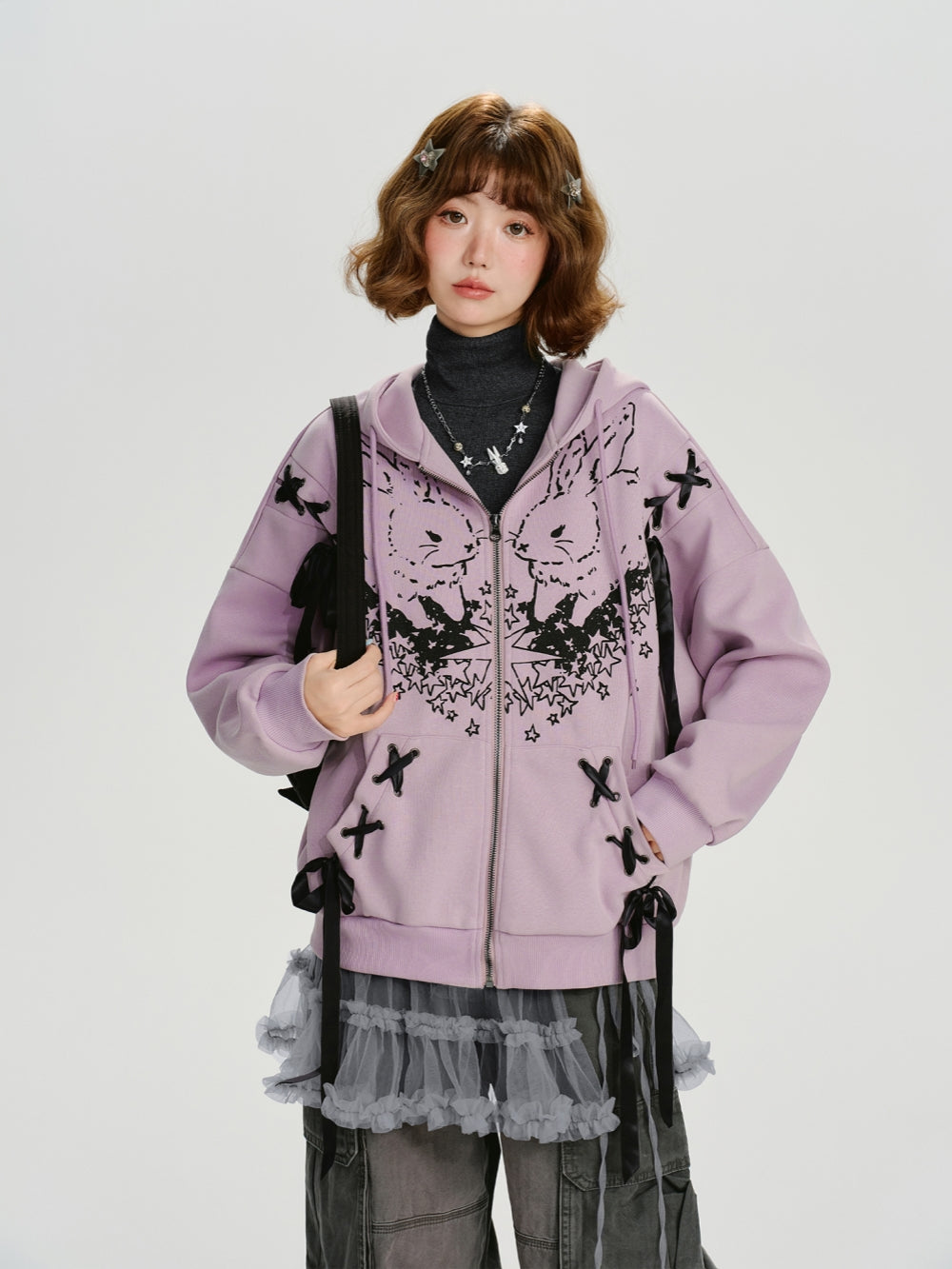 Rabbit Printed Zip-Up Hoodie Top