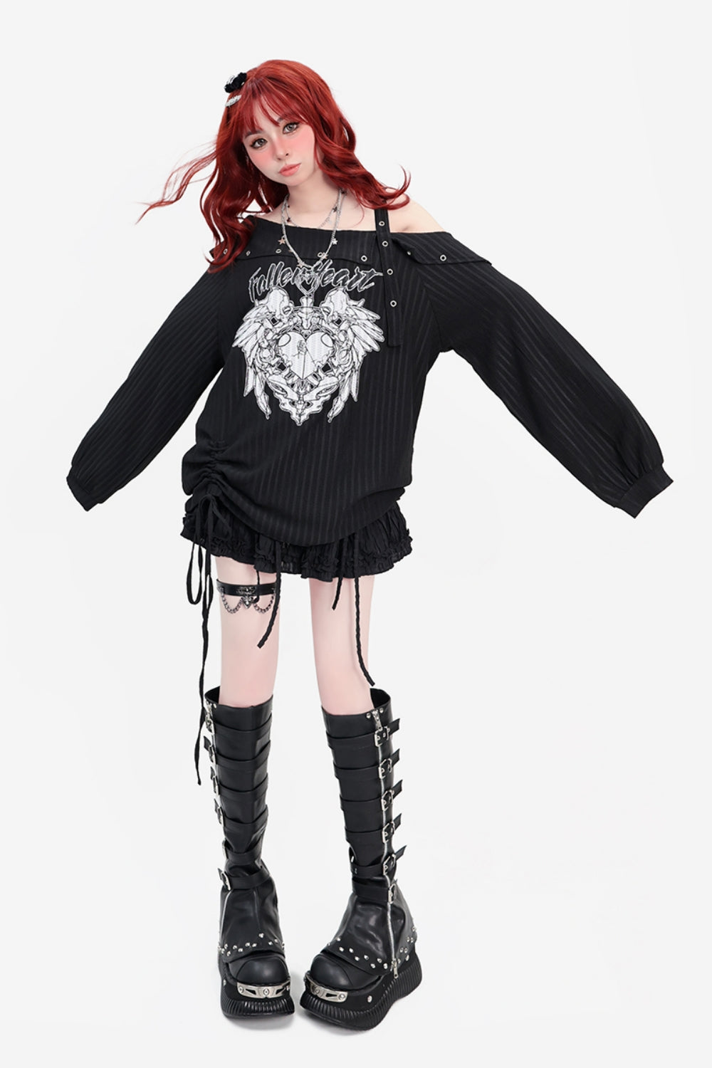 Black Y2K Drawstring Loose-Fit Long Sleeve Asymmetric Off-Shoulder Thin Top for Spring/Autumn