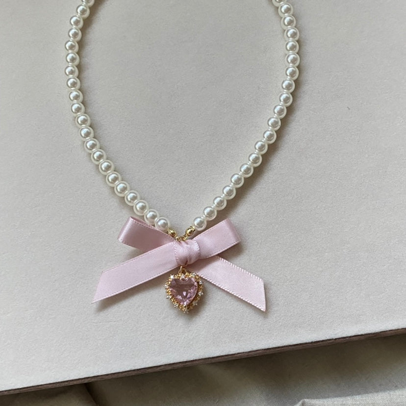 Love Heart Bowknot Pearl Necklace