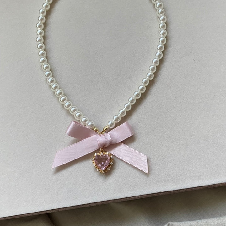 Love Heart Bowknot Pearl Necklace