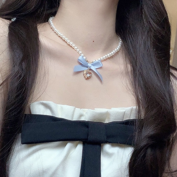 Love Heart Bowknot Pearl Necklace