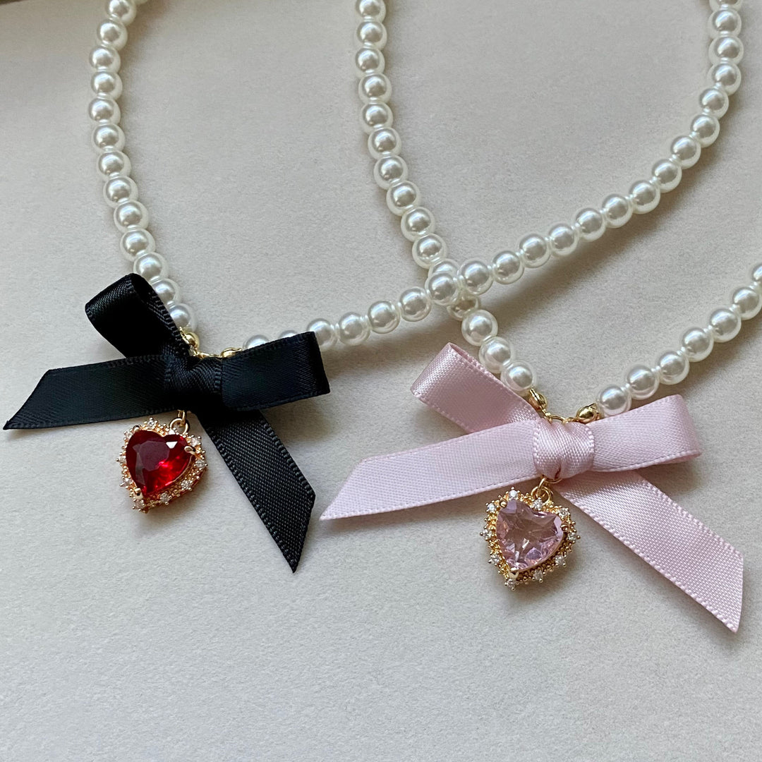 Love Heart Bowknot Pearl Necklace