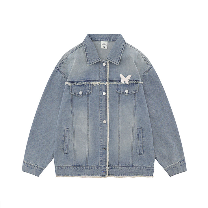 Vintage Distressed Casual Loose Butterfly Embroidery Denim Jacket