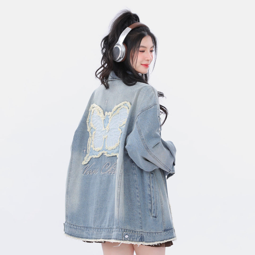 Vintage Distressed Casual Loose Butterfly Embroidery Denim Jacket