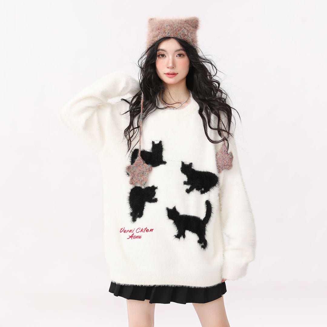 Loose Cat Print Round Neck Sweater