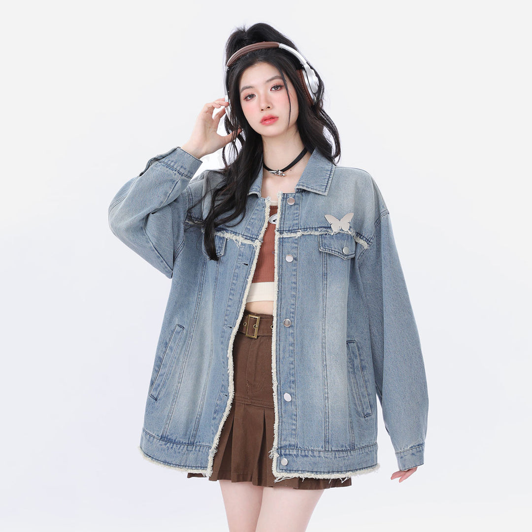 Vintage Distressed Casual Loose Butterfly Embroidery Denim Jacket