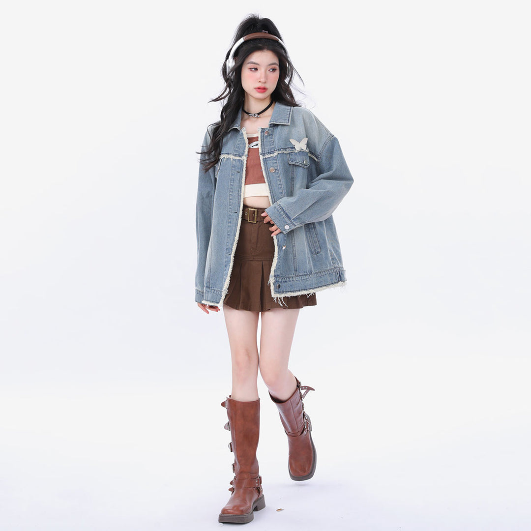 Vintage Distressed Casual Loose Butterfly Embroidery Denim Jacket