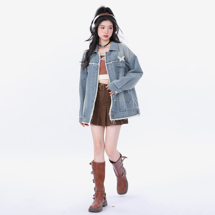Vintage Distressed Casual Loose Butterfly Embroidery Denim Jacket