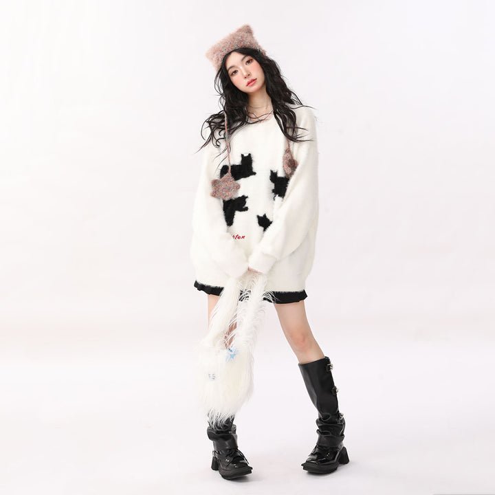 Loose Cat Print Round Neck Sweater