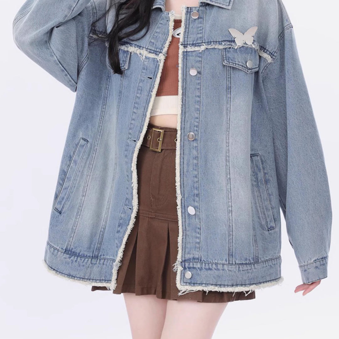 Vintage Distressed Casual Loose Butterfly Embroidery Denim Jacket