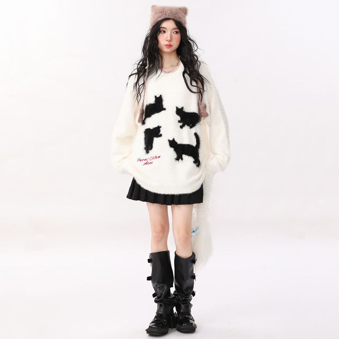 Loose Cat Print Round Neck Sweater