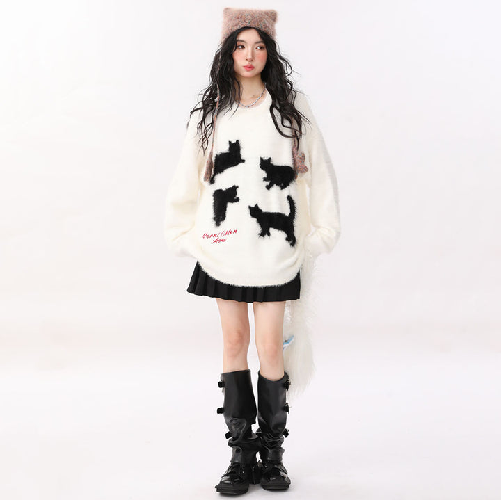 Loose Cat Print Round Neck Sweater