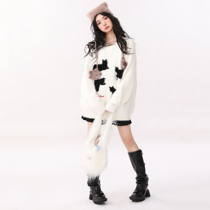 Loose Cat Print Round Neck Sweater