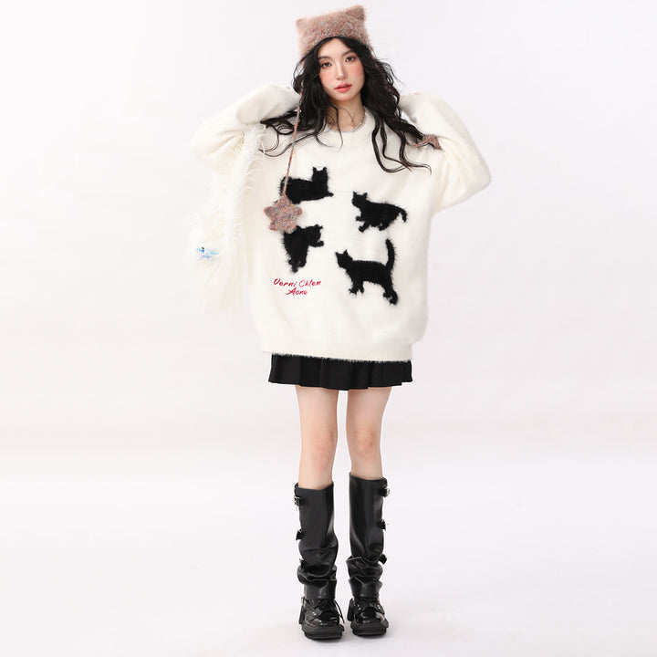 Loose Cat Print Round Neck Sweater