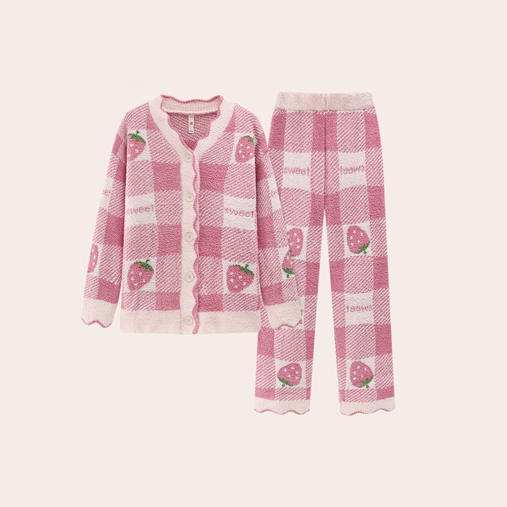Strawberry Fleece-Lined Thickened Cardigan Home Wear Set