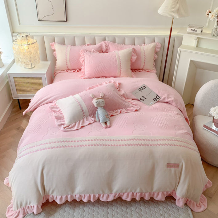 Princess-style Milk Fleece Winter Thickened Lace Bedding Set