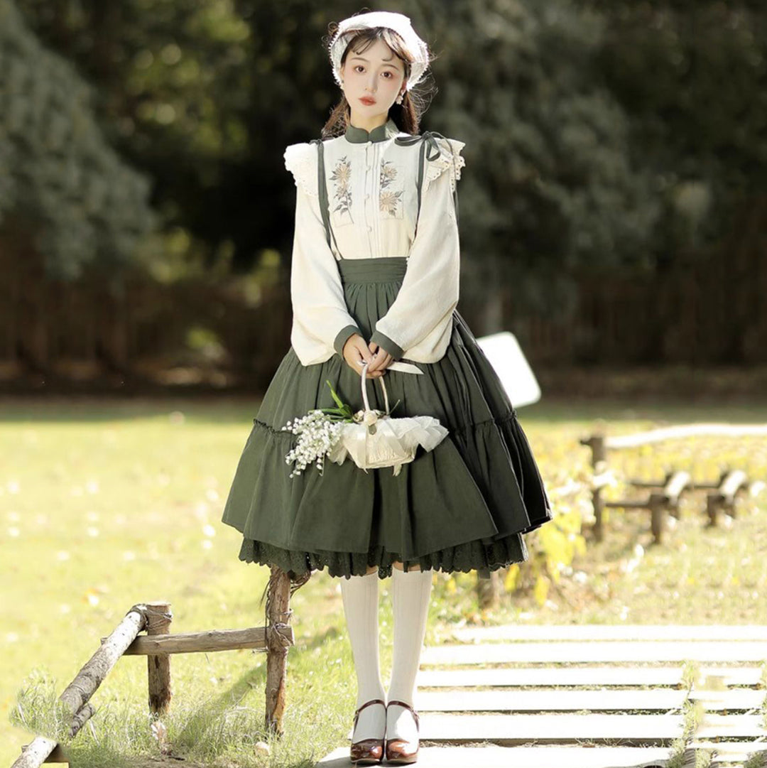 Sunflower Embroidered Long Sleeve Top Pinafore Skirt