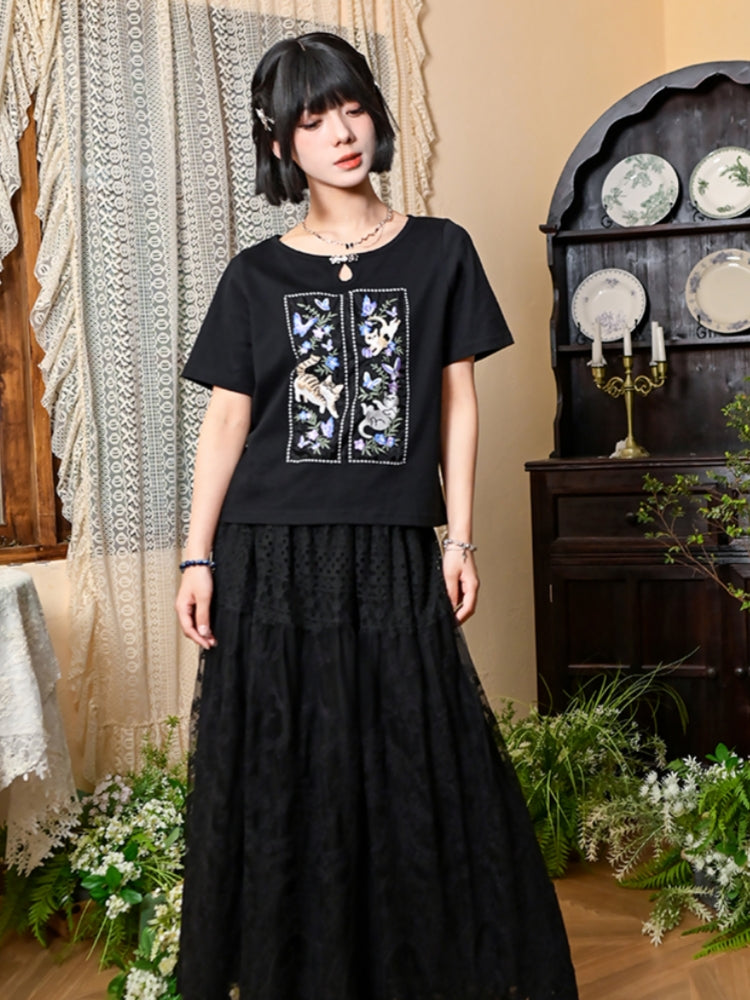 Heavy Embroidery Pure Cotton Black T-Shirt