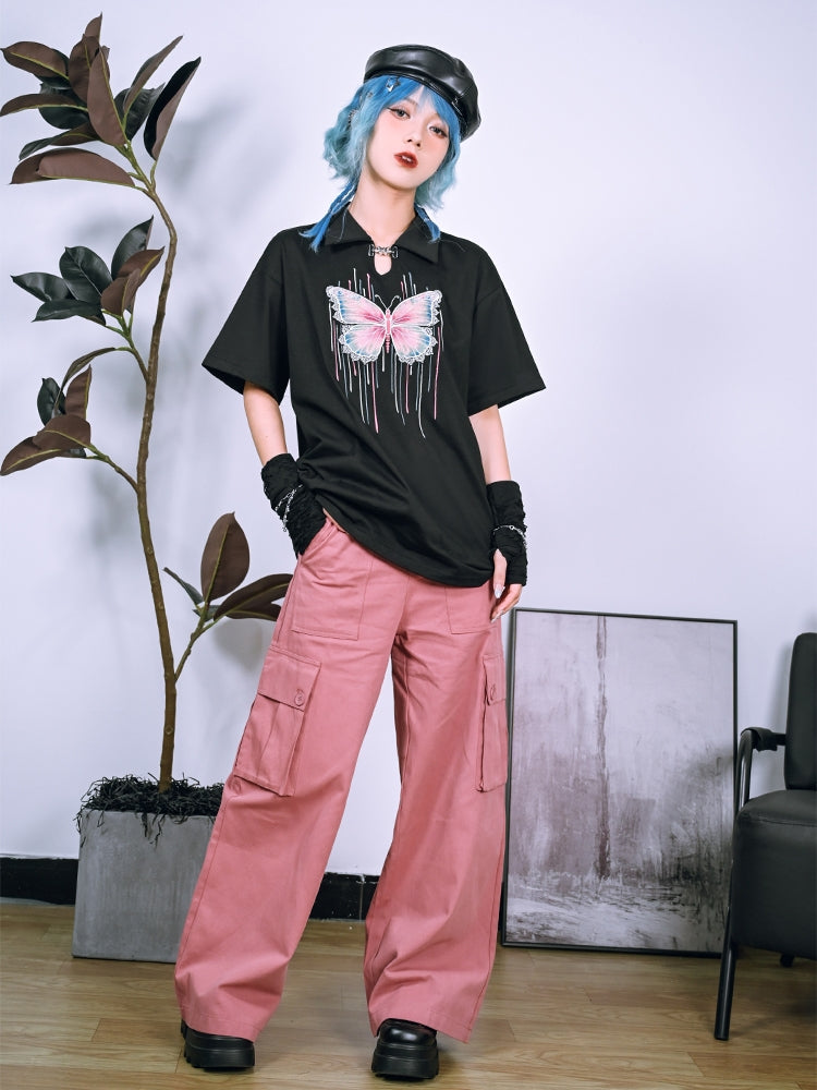 Butterfly Illusion Black Cutout Polo Collar Short Sleeve T-Shirt