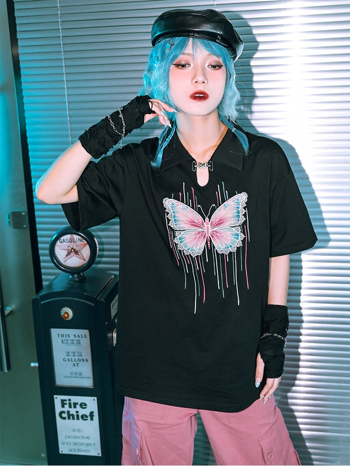 Butterfly Illusion Black Cutout Polo Collar Short Sleeve T-Shirt