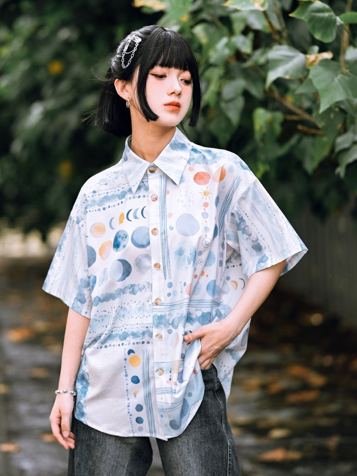 Moon Phase Gradient Print Short Sleeve Lapel Shirt