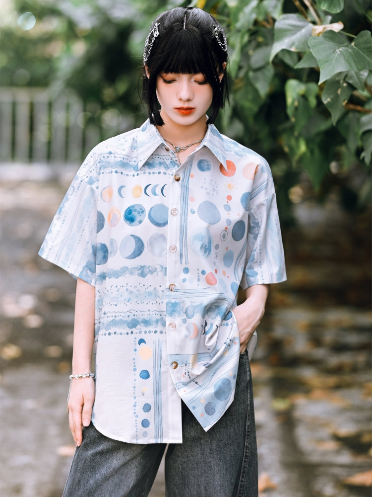 Moon Phase Gradient Print Short Sleeve Lapel Shirt