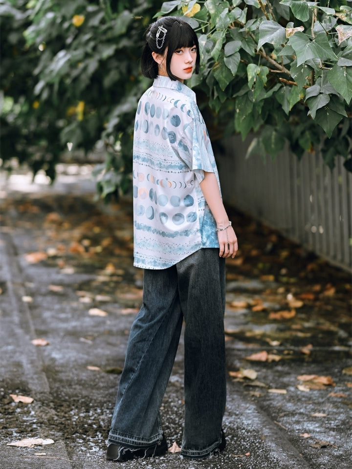 Moon Phase Gradient Print Short Sleeve Lapel Shirt