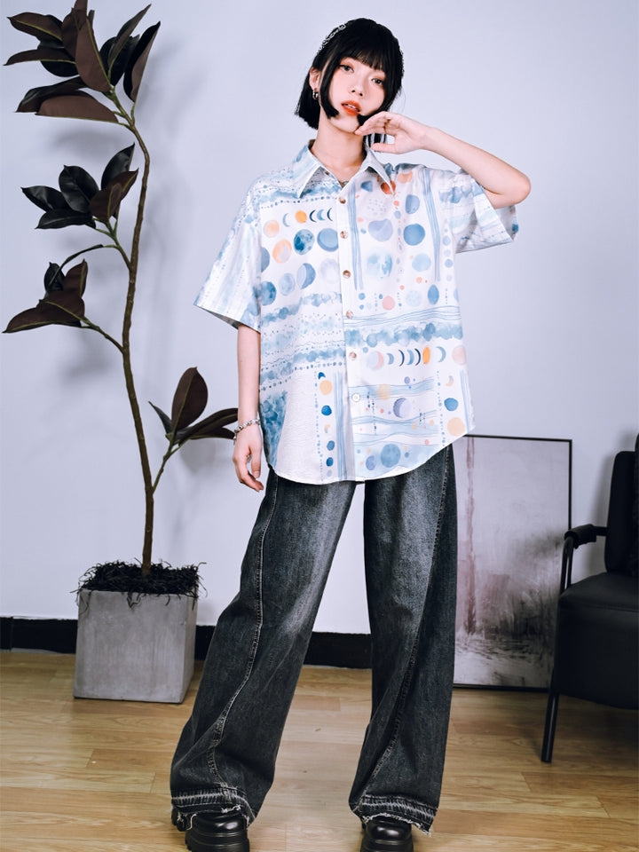 Moon Phase Gradient Print Short Sleeve Lapel Shirt