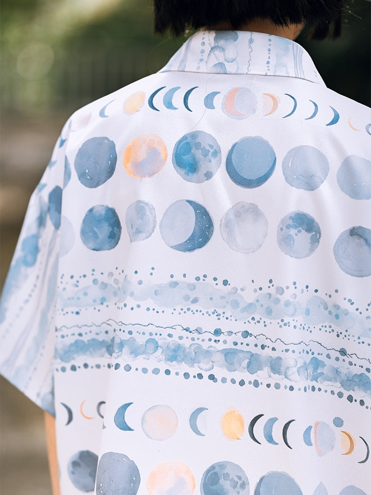 Moon Phase Gradient Print Short Sleeve Lapel Shirt