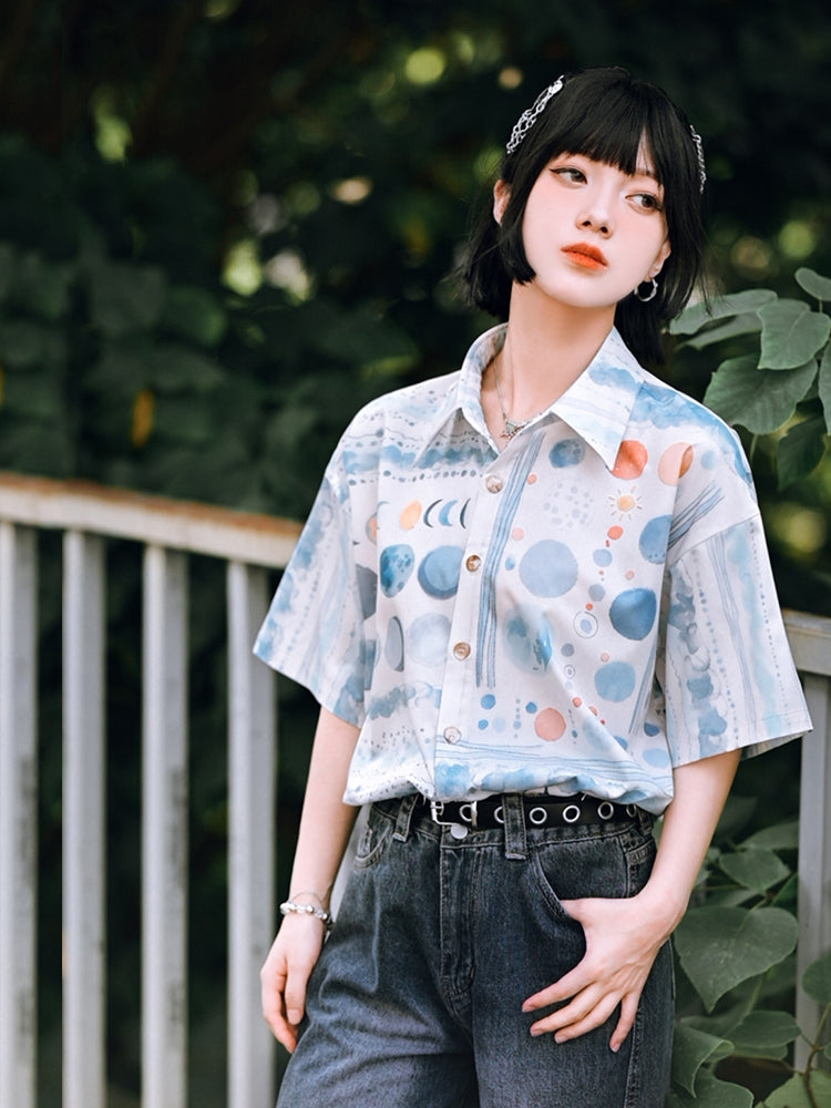 Moon Phase Gradient Print Short Sleeve Lapel Shirt