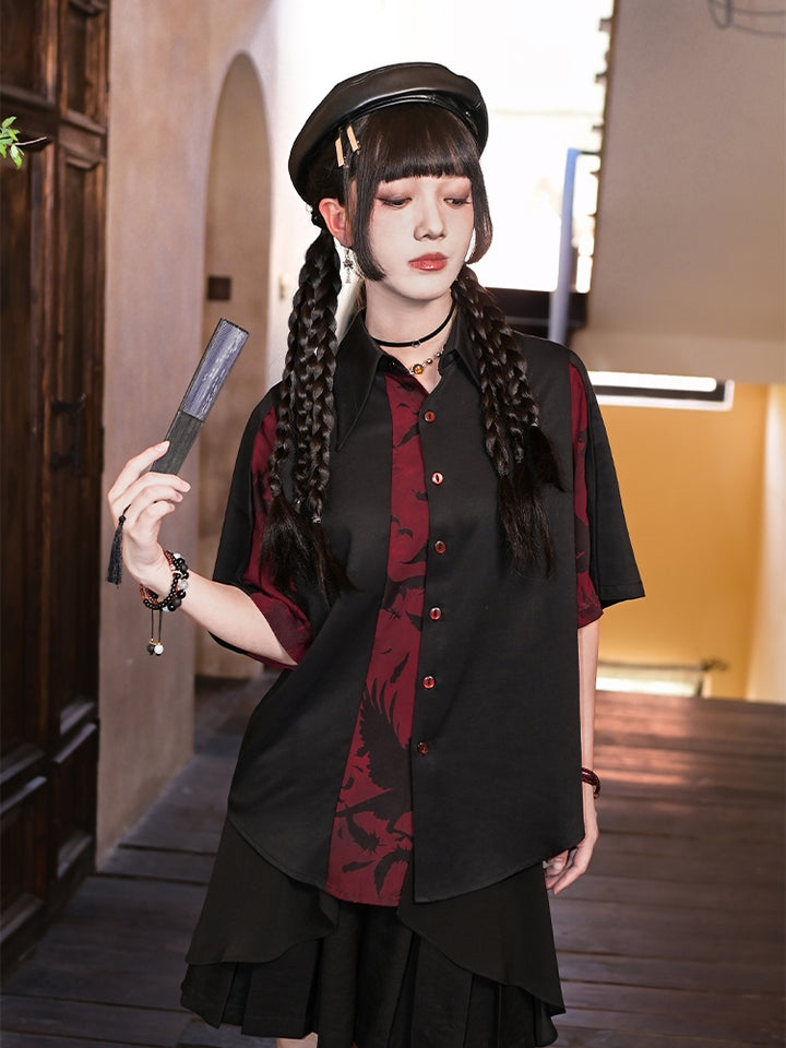 Black and Red Chinese-Style Patchwork Cotton Short Sleeve Shirt