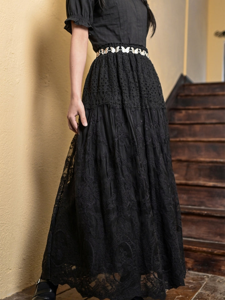 Black Hollow Floral Lace Midi Skirt