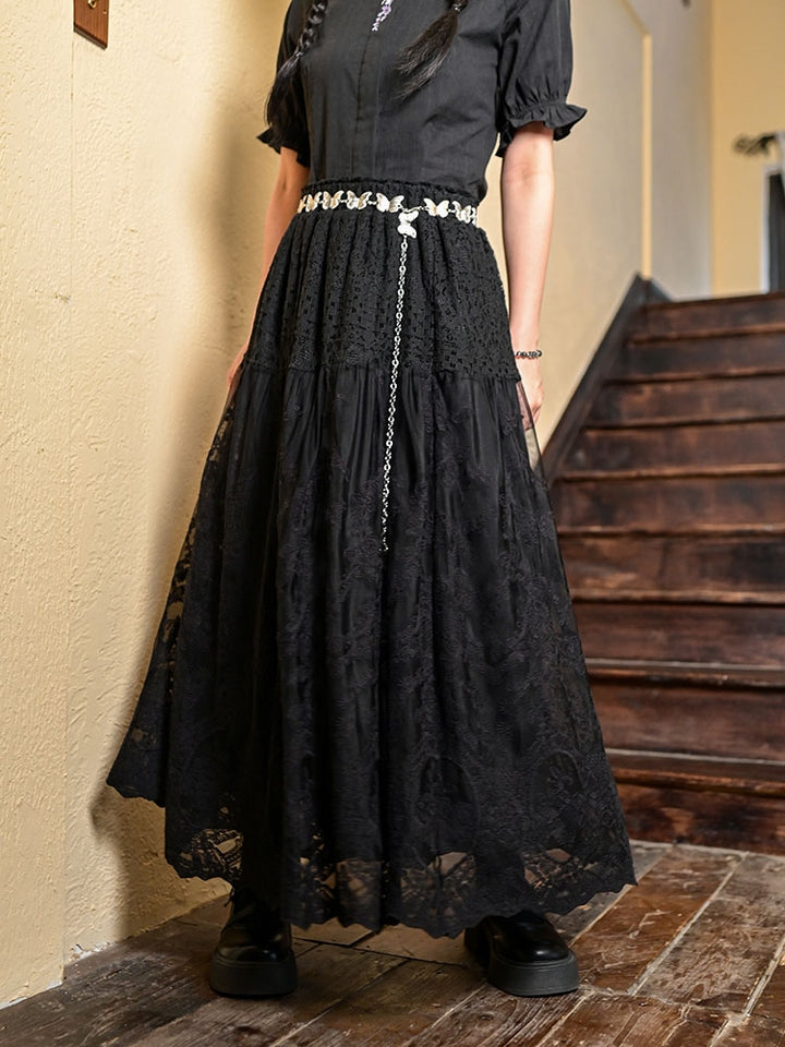 Black Hollow Floral Lace Midi Skirt