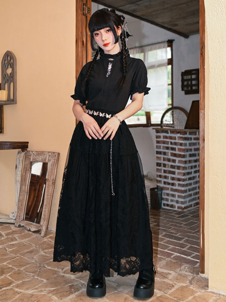 Black Hollow Floral Lace Midi Skirt