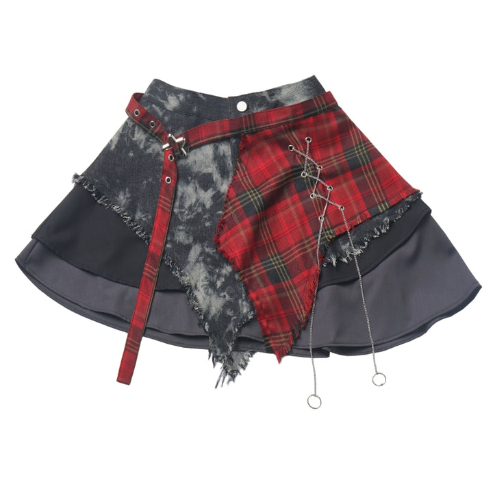 Streetwise Harajuku Plaid Crop Top / Lace-Up Mesh Shirt / Patchwork Mini Skirt
