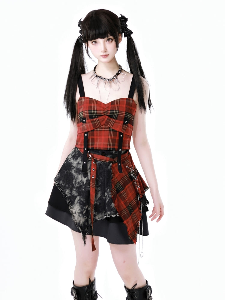 Streetwise Harajuku Plaid Crop Top / Lace-Up Mesh Shirt / Patchwork Mini Skirt