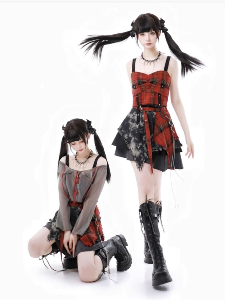 Streetwise Harajuku Plaid Crop Top / Lace-Up Mesh Shirt / Patchwork Mini Skirt