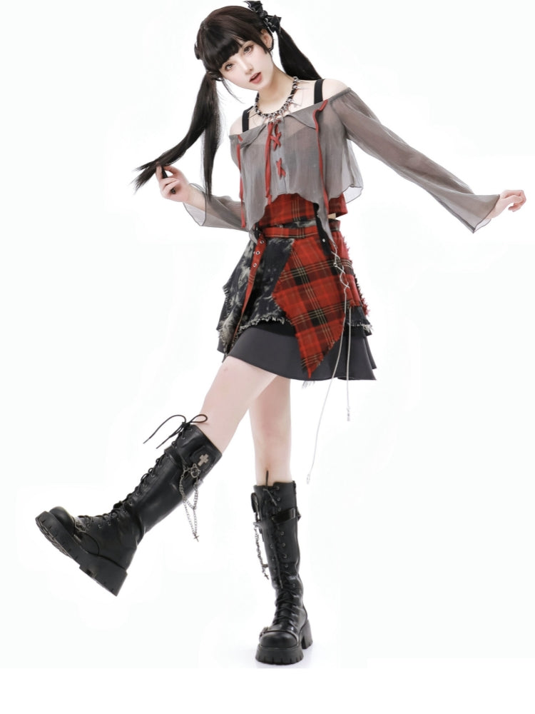 Streetwise Harajuku Plaid Crop Top / Lace-Up Mesh Shirt / Patchwork Mini Skirt